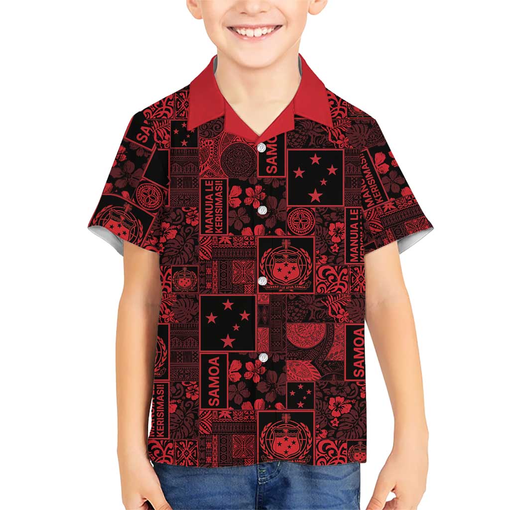 Dark Samoa Manuia Le Kerisimasi Kid Hawaiian Shirt Pacific Patchwork Xmas Vibes LT9 Kid Red - Polynesian Pride