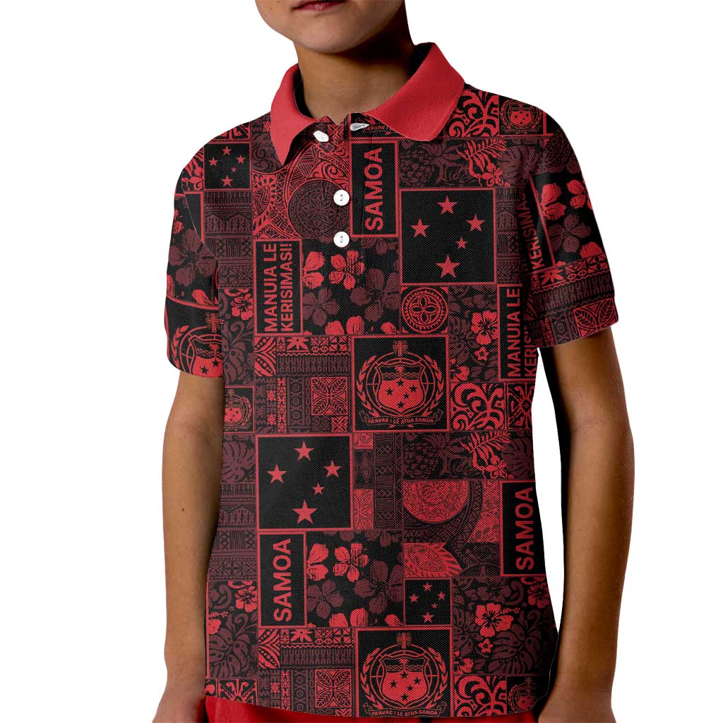 Dark Samoa Manuia Le Kerisimasi Kid Polo Shirt Pacific Patchwork Xmas Vibes LT9 Kid Red - Polynesian Pride
