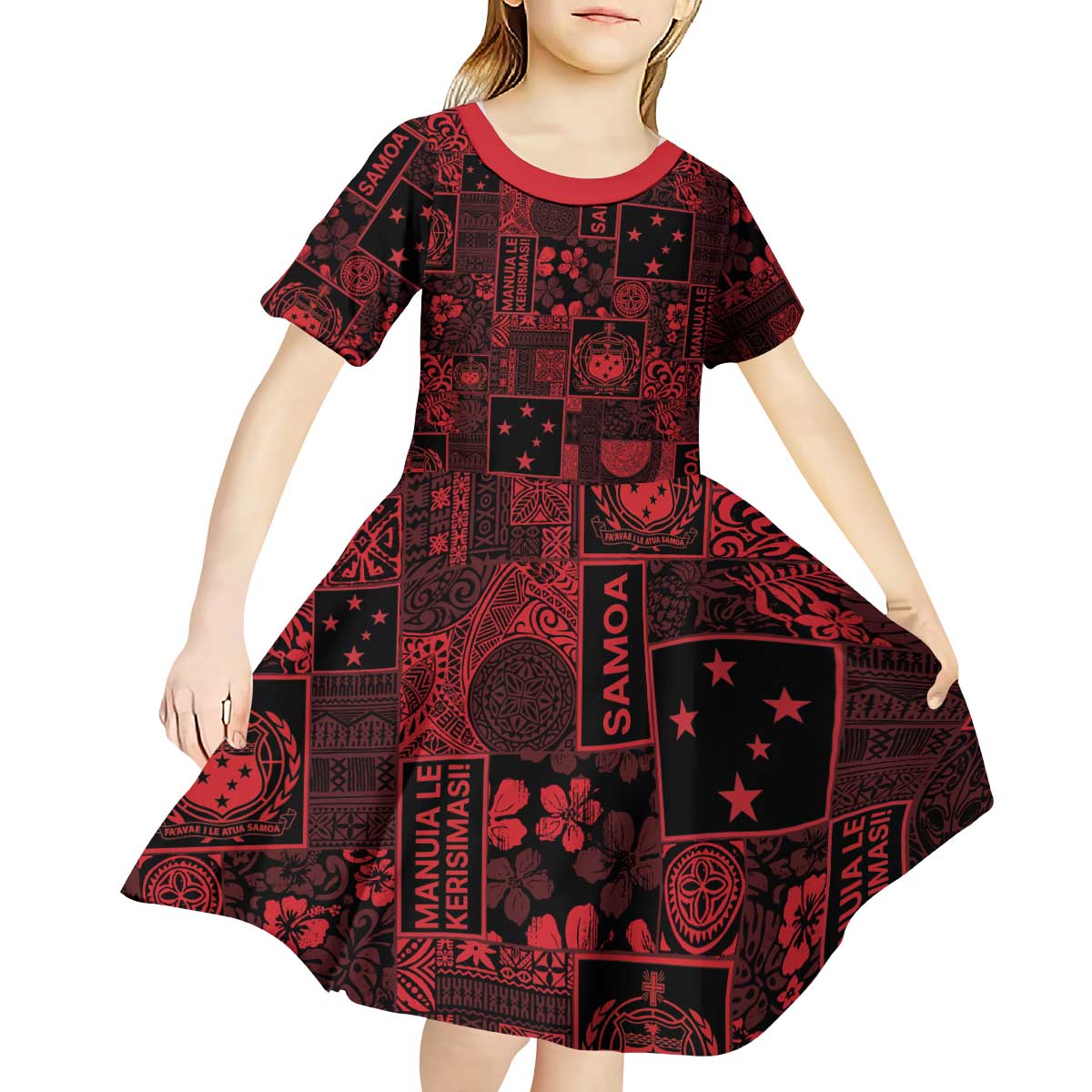 Dark Samoa Manuia Le Kerisimasi Kid Short Sleeve Dress Pacific Patchwork Xmas Vibes LT9 - Polynesian Pride