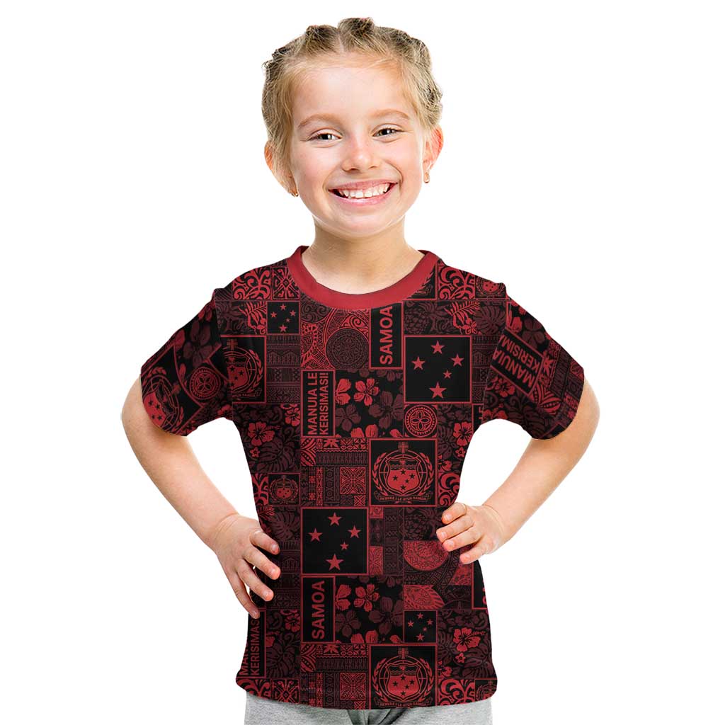 Dark Samoa Manuia Le Kerisimasi Kid T Shirt Pacific Patchwork Xmas Vibes LT9 Red - Polynesian Pride