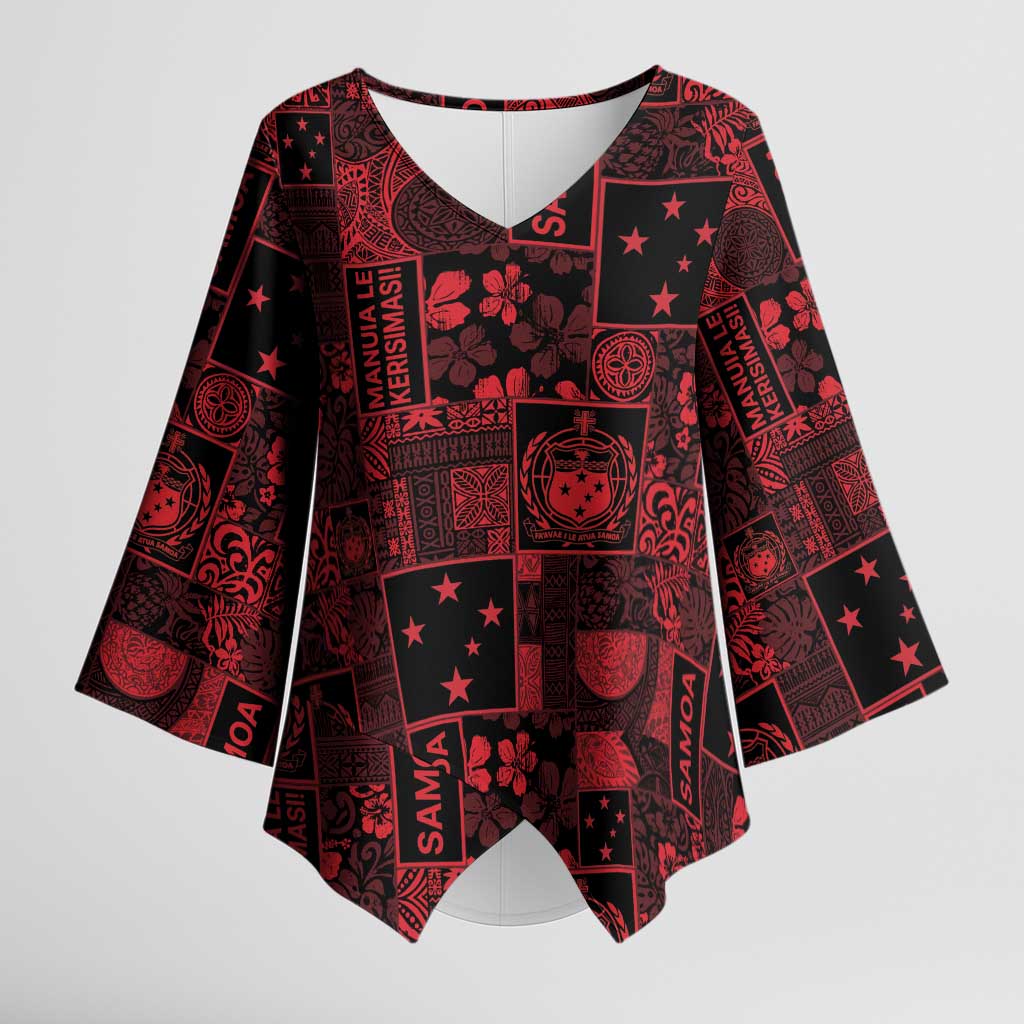 Dark Samoa Manuia Le Kerisimasi Kimono Sleeve Blouse Pacific Patchwork Xmas Vibes LT9 Female Red - Polynesian Pride
