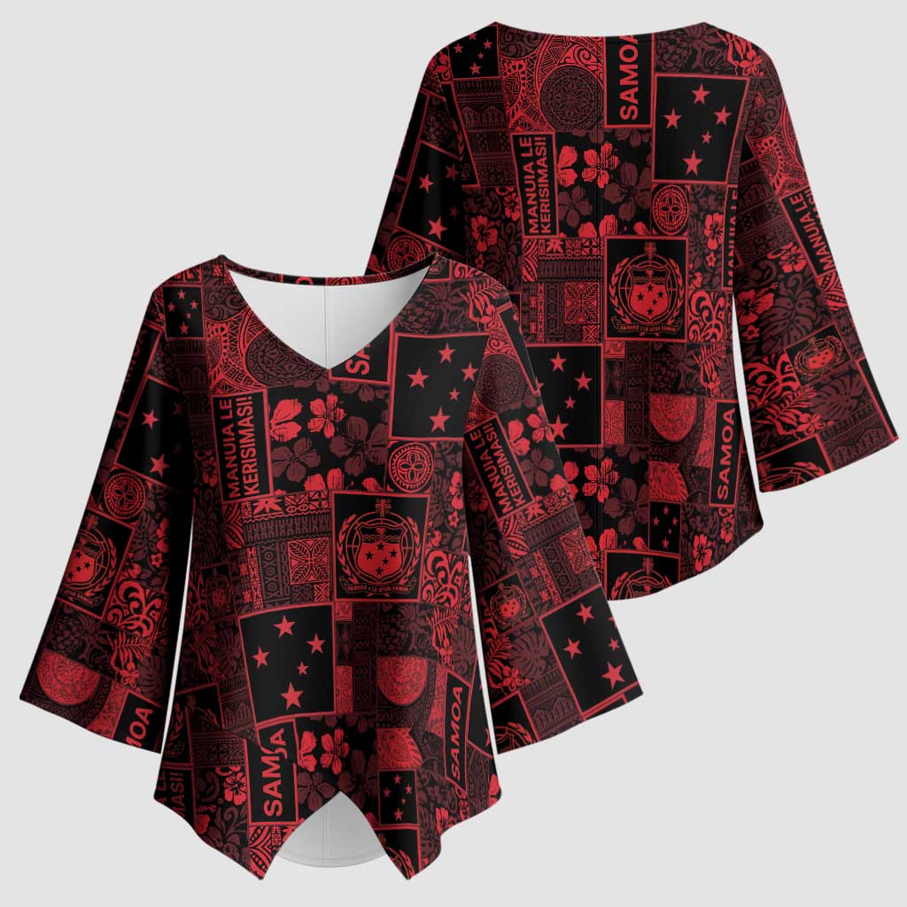 Dark Samoa Manuia Le Kerisimasi Kimono Sleeve Blouse Pacific Patchwork Xmas Vibes LT9 - Polynesian Pride