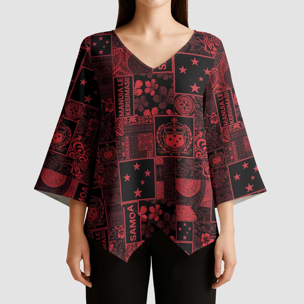 Dark Samoa Manuia Le Kerisimasi Kimono Sleeve Blouse Pacific Patchwork Xmas Vibes LT9 - Polynesian Pride