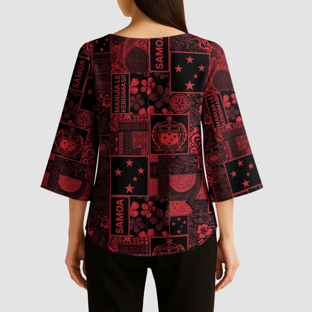 Dark Samoa Manuia Le Kerisimasi Kimono Sleeve Blouse Pacific Patchwork Xmas Vibes LT9 - Polynesian Pride