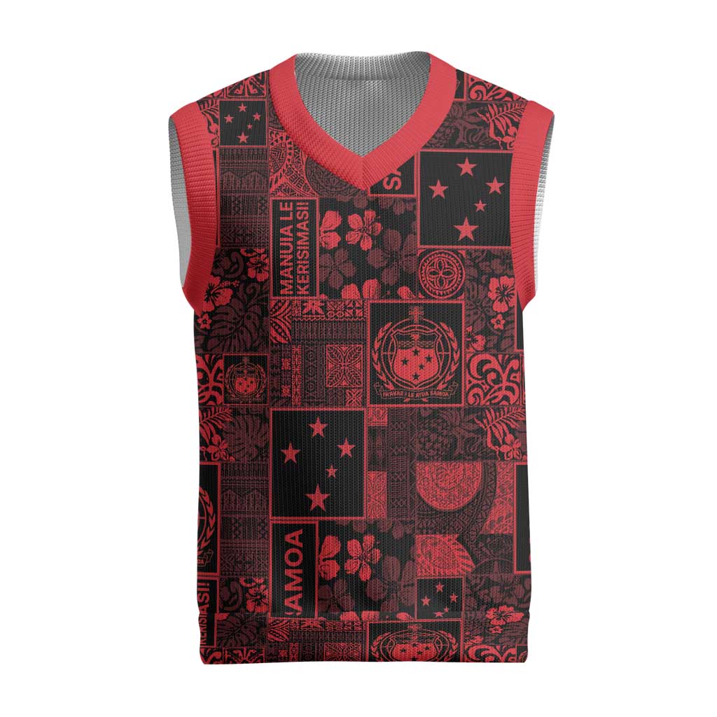 Dark Samoa Manuia Le Kerisimasi Christmas Knitted V-Neck Vest Pacific Patchwork Xmas Vibes LT9 Red - Polynesian Pride