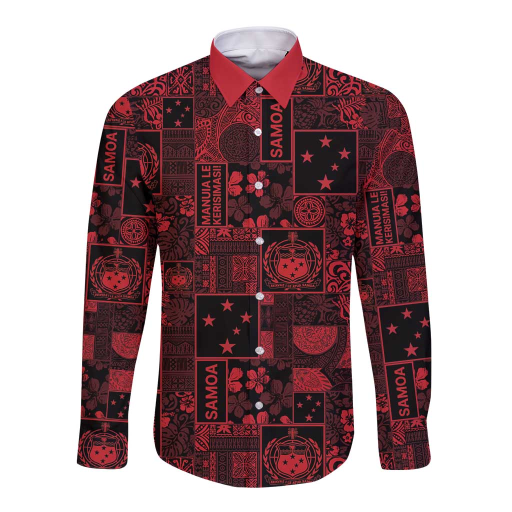 Dark Samoa Manuia Le Kerisimasi Long Sleeve Button Shirt Pacific Patchwork Xmas Vibes LT9 Unisex Red - Polynesian Pride