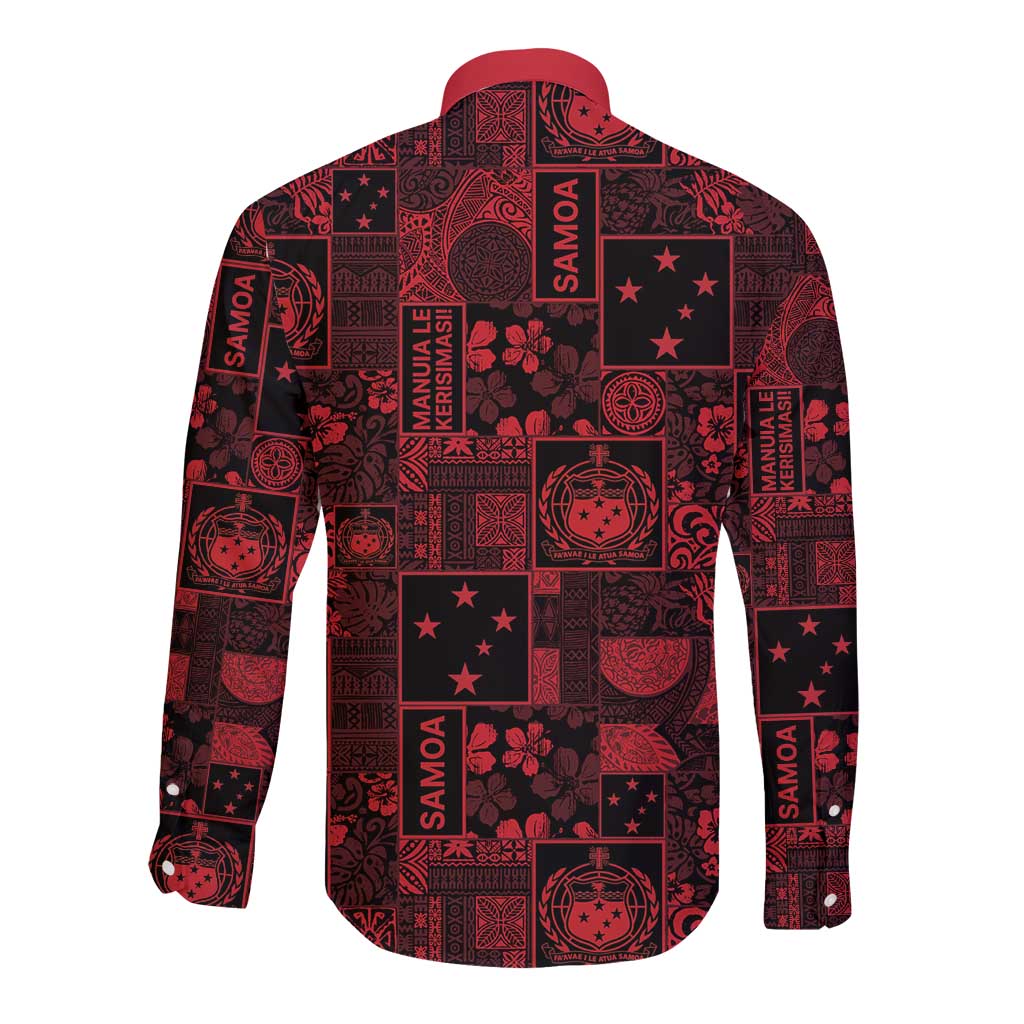 Dark Samoa Manuia Le Kerisimasi Long Sleeve Button Shirt Pacific Patchwork Xmas Vibes LT9 - Polynesian Pride