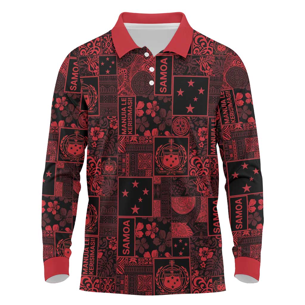Dark Samoa Manuia Le Kerisimasi Long Sleeve Polo Shirt Pacific Patchwork Xmas Vibes LT9 Red - Polynesian Pride