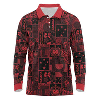 Dark Samoa Manuia Le Kerisimasi Long Sleeve Polo Shirt Pacific Patchwork Xmas Vibes LT9 Red - Polynesian Pride