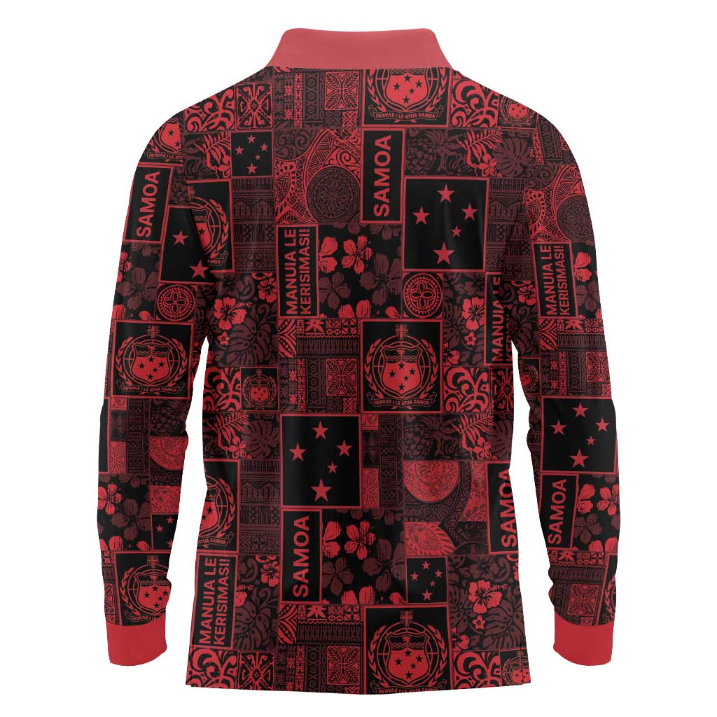 Dark Samoa Manuia Le Kerisimasi Long Sleeve Polo Shirt Pacific Patchwork Xmas Vibes LT9 - Polynesian Pride