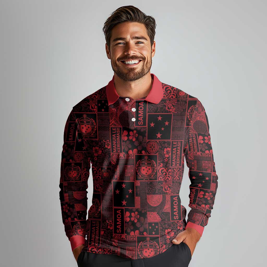 Dark Samoa Manuia Le Kerisimasi Long Sleeve Polo Shirt Pacific Patchwork Xmas Vibes LT9 - Polynesian Pride