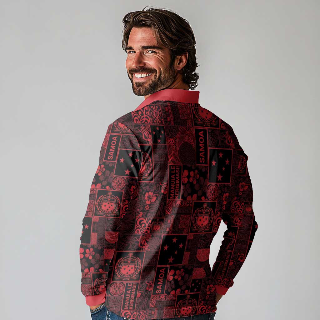 Dark Samoa Manuia Le Kerisimasi Long Sleeve Polo Shirt Pacific Patchwork Xmas Vibes LT9 - Polynesian Pride