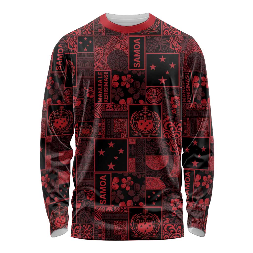 Dark Samoa Manuia Le Kerisimasi Long Sleeve Shirt Pacific Patchwork Xmas Vibes LT9 Unisex Red - Polynesian Pride