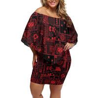 Dark Samoa Manuia Le Kerisimasi Off Shoulder Short Dress Pacific Patchwork Xmas Vibes - Polynesian Pride