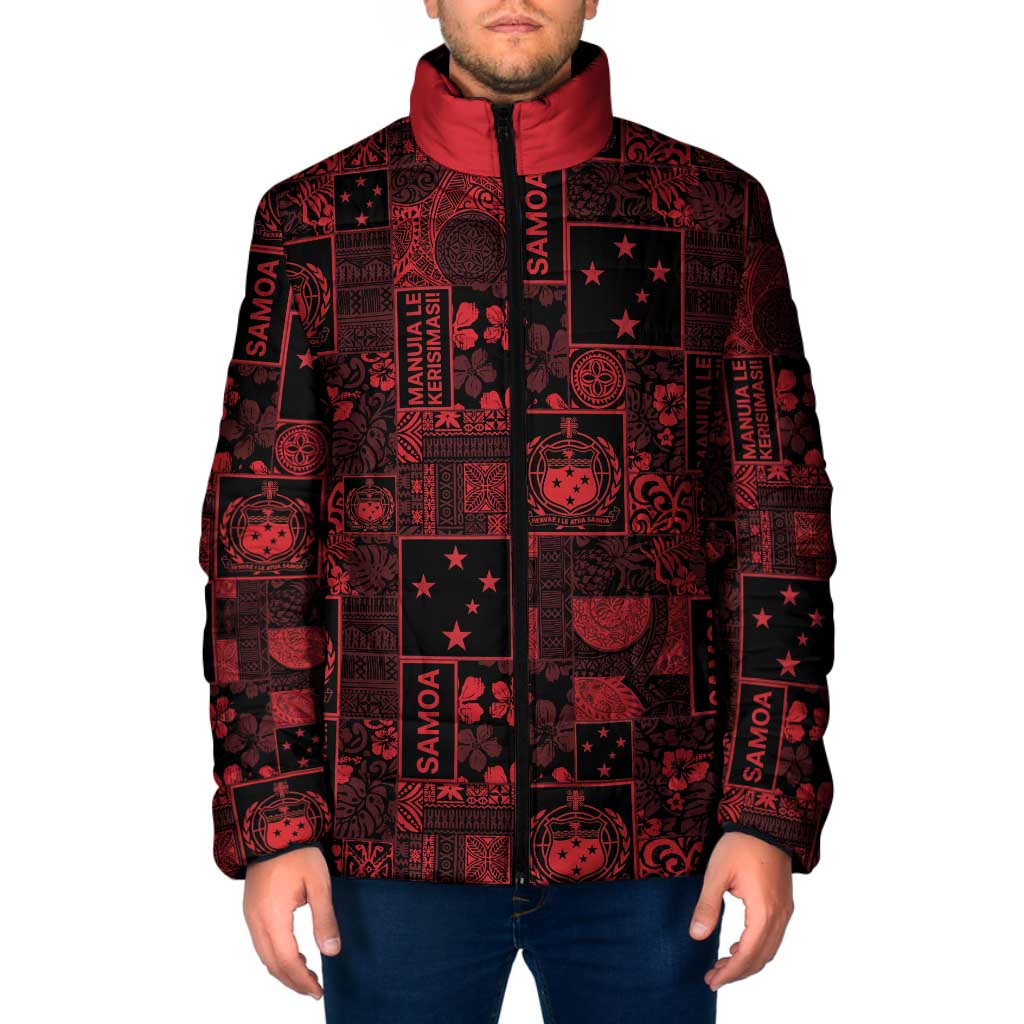 Dark Samoa Manuia Le Kerisimasi Padded Jacket Pacific Patchwork Xmas Vibes LT9 Men Red - Polynesian Pride