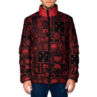 Dark Samoa Manuia Le Kerisimasi Padded Jacket Pacific Patchwork Xmas Vibes LT9 Men Red - Polynesian Pride