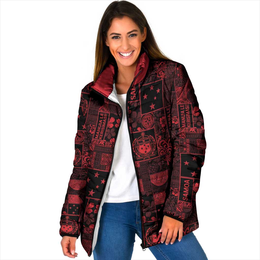 Dark Samoa Manuia Le Kerisimasi Padded Jacket Pacific Patchwork Xmas Vibes LT9 Women Red - Polynesian Pride
