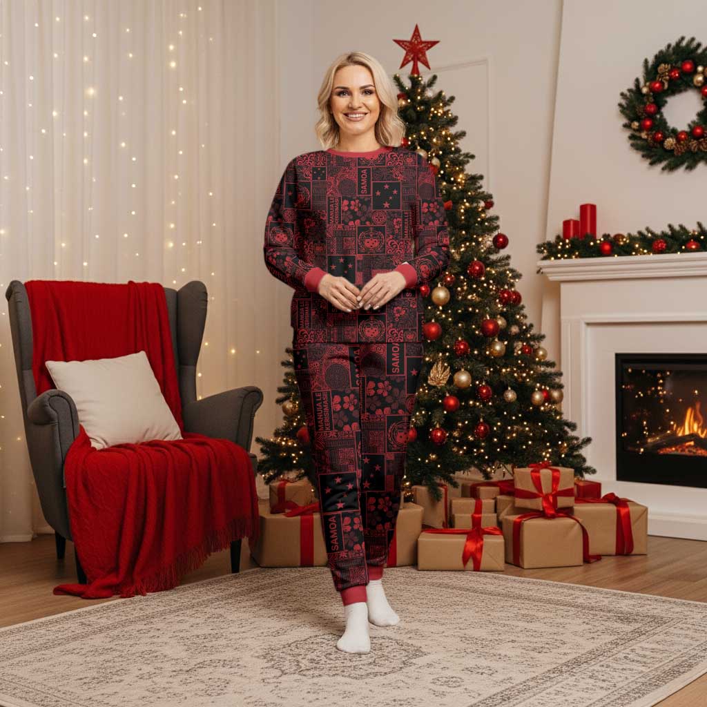 Dark Samoa Manuia Le Kerisimasi Christmas Pajama Set Pacific Patchwork Xmas Vibes LT9 Women Red - Polynesian Pride