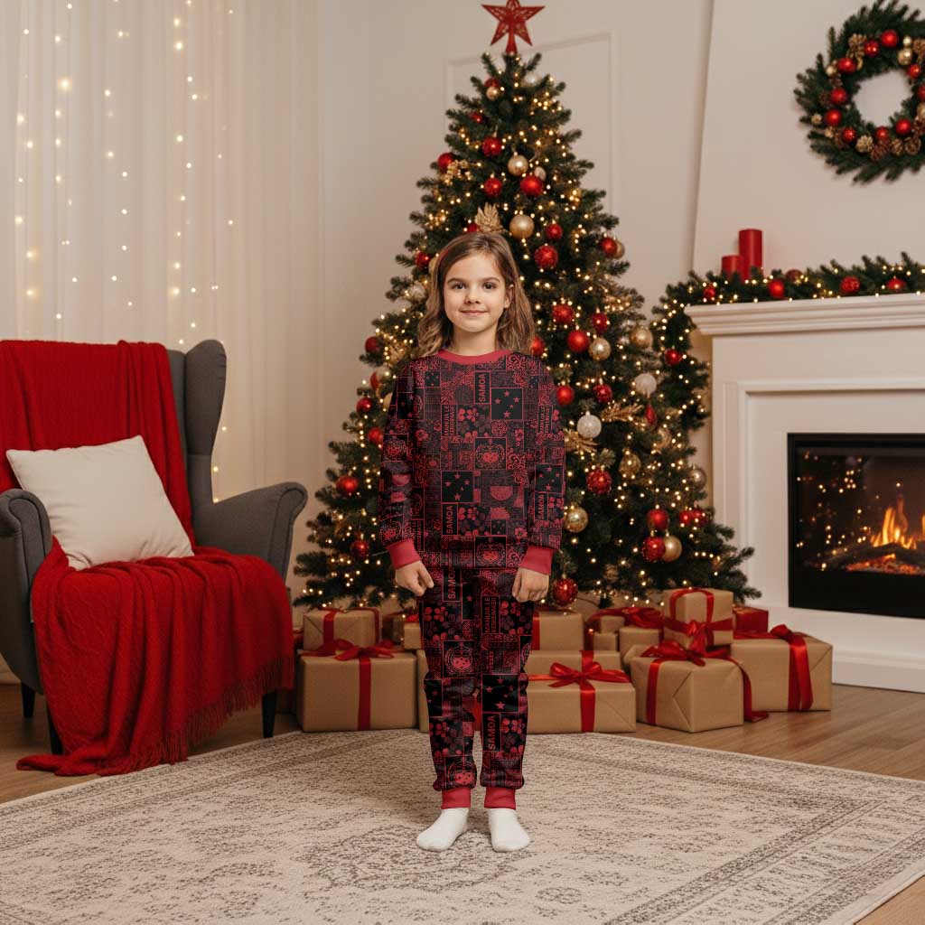 Dark Samoa Manuia Le Kerisimasi Christmas Pajama Set Pacific Patchwork Xmas Vibes LT9 Kid Red - Polynesian Pride