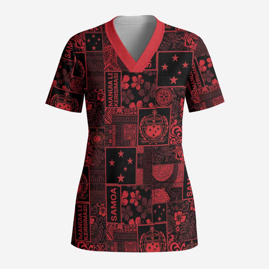 Dark Samoa Manuia Le Kerisimasi Scrub Top Pacific Patchwork Xmas Vibes LT9 Adult Red - Polynesian Pride