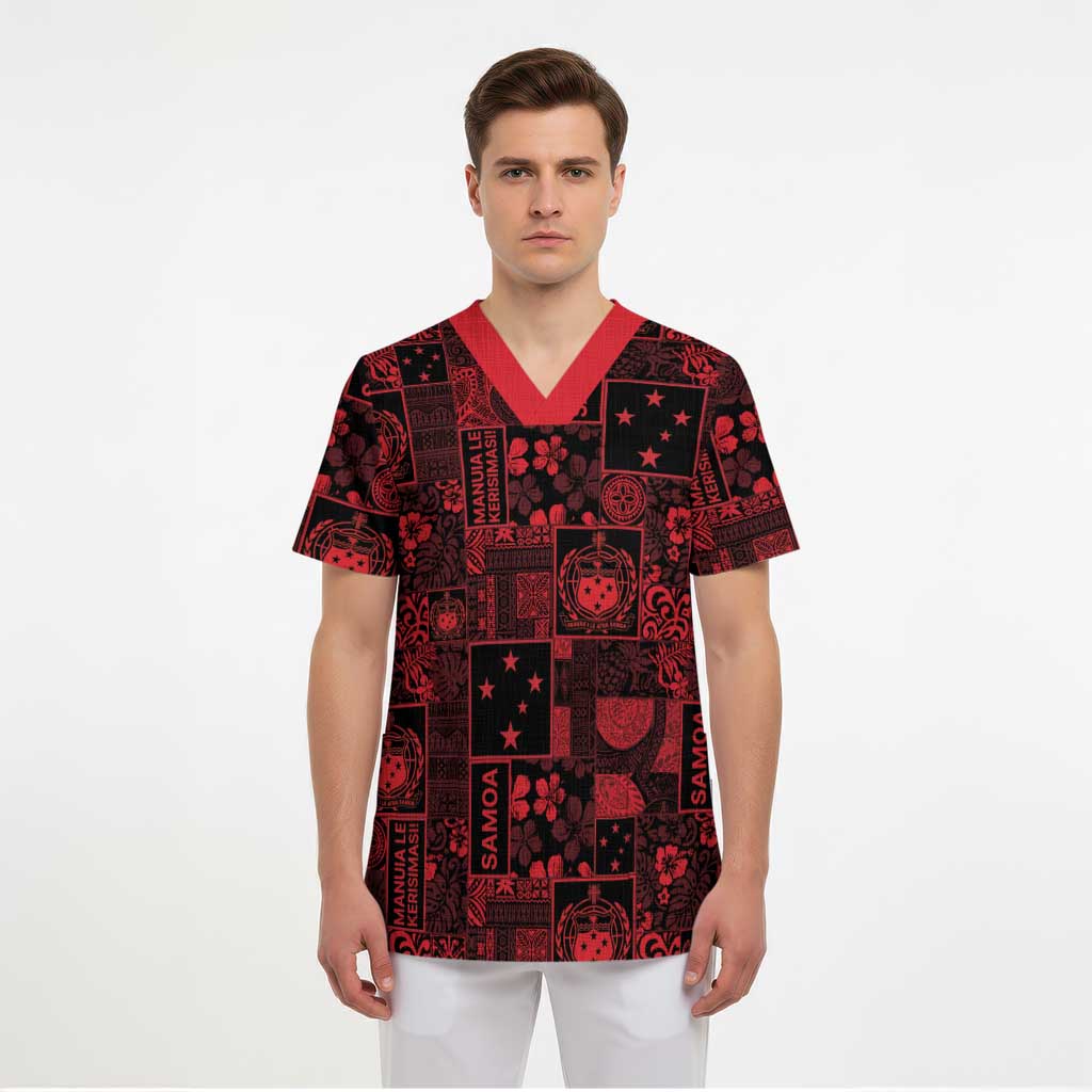Dark Samoa Manuia Le Kerisimasi Scrub Top Pacific Patchwork Xmas Vibes LT9 - Polynesian Pride