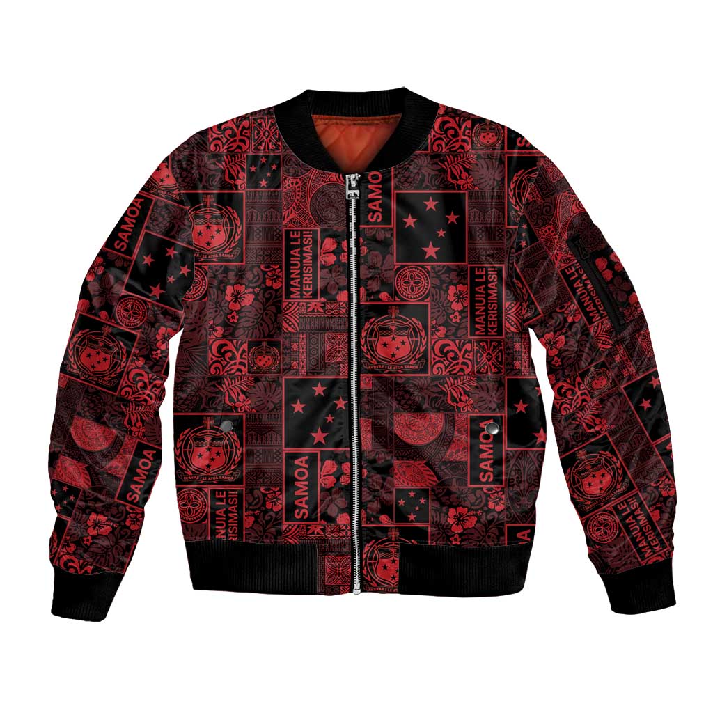Dark Samoa Manuia Le Kerisimasi Sleeve Zip Bomber Jacket Pacific Patchwork Xmas Vibes LT9 Unisex Red - Polynesian Pride