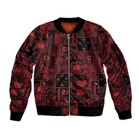 Dark Samoa Manuia Le Kerisimasi Sleeve Zip Bomber Jacket Pacific Patchwork Xmas Vibes LT9 Unisex Red - Polynesian Pride