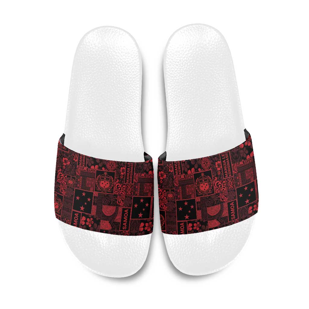 Dark Samoa Manuia Le Kerisimasi Slide Sandals Pacific Patchwork Xmas Vibes - Polynesian Pride