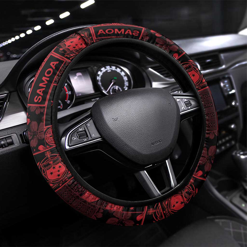 Dark Samoa Manuia Le Kerisimasi Steering Wheel Cover Pacific Patchwork Xmas Vibes LT9 Universal Fit Red - Polynesian Pride
