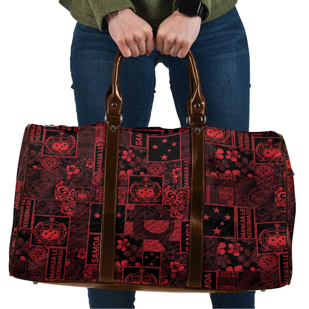 Dark Samoa Manuia Le Kerisimasi Travel Bag Pacific Patchwork Xmas Vibes LT9 Red - Polynesian Pride