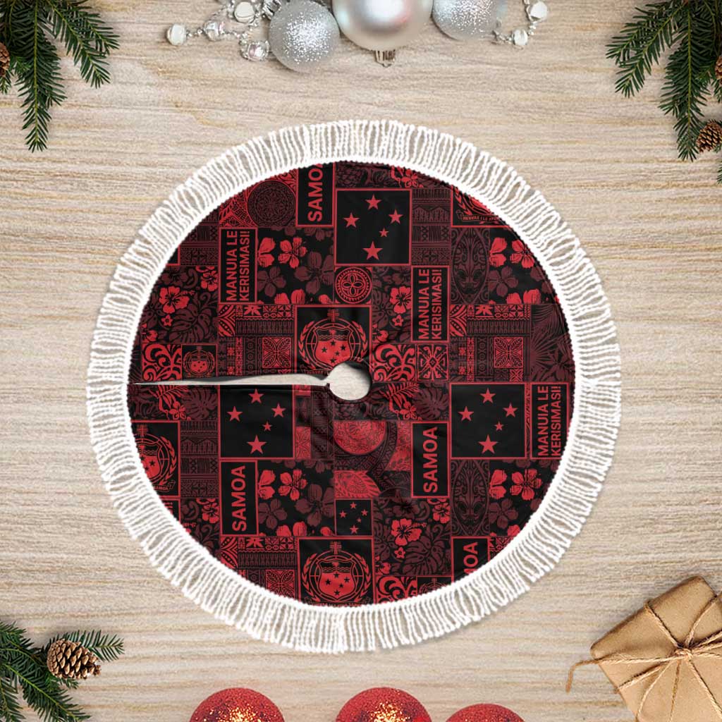 Dark Samoa Manuia Le Kerisimasi Tree Skirt Pacific Patchwork Xmas Vibes LT9 Fringed Red - Polynesian Pride