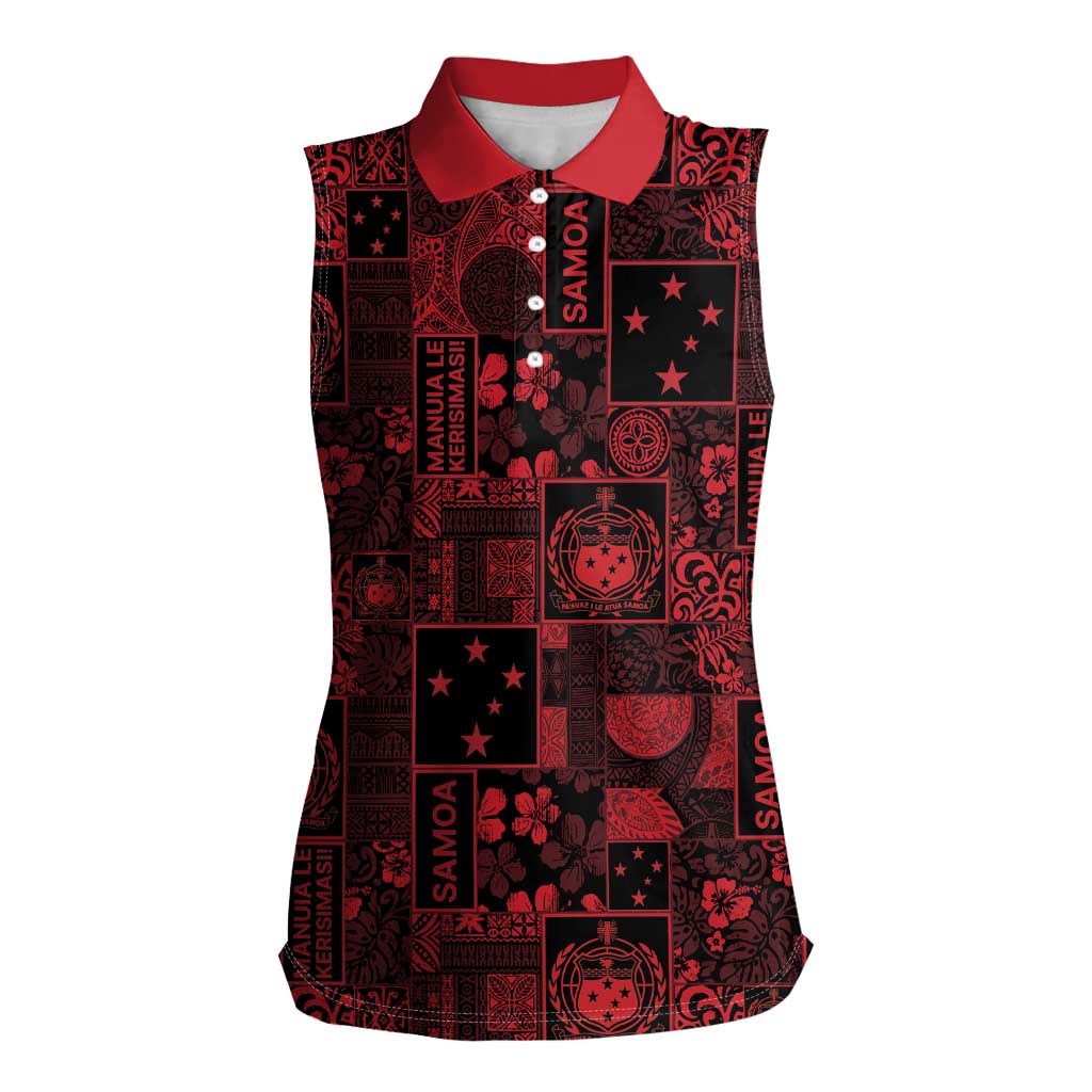 Dark Samoa Manuia Le Kerisimasi Women Sleeveless Polo Shirt Pacific Patchwork Xmas Vibes LT9 Female Red - Polynesian Pride