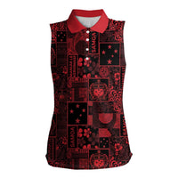 Dark Samoa Manuia Le Kerisimasi Women Sleeveless Polo Shirt Pacific Patchwork Xmas Vibes LT9 Female Red - Polynesian Pride