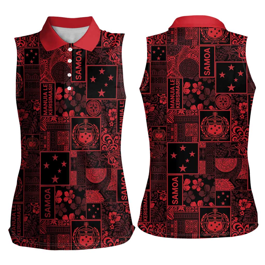 Dark Samoa Manuia Le Kerisimasi Women Sleeveless Polo Shirt Pacific Patchwork Xmas Vibes LT9 - Polynesian Pride