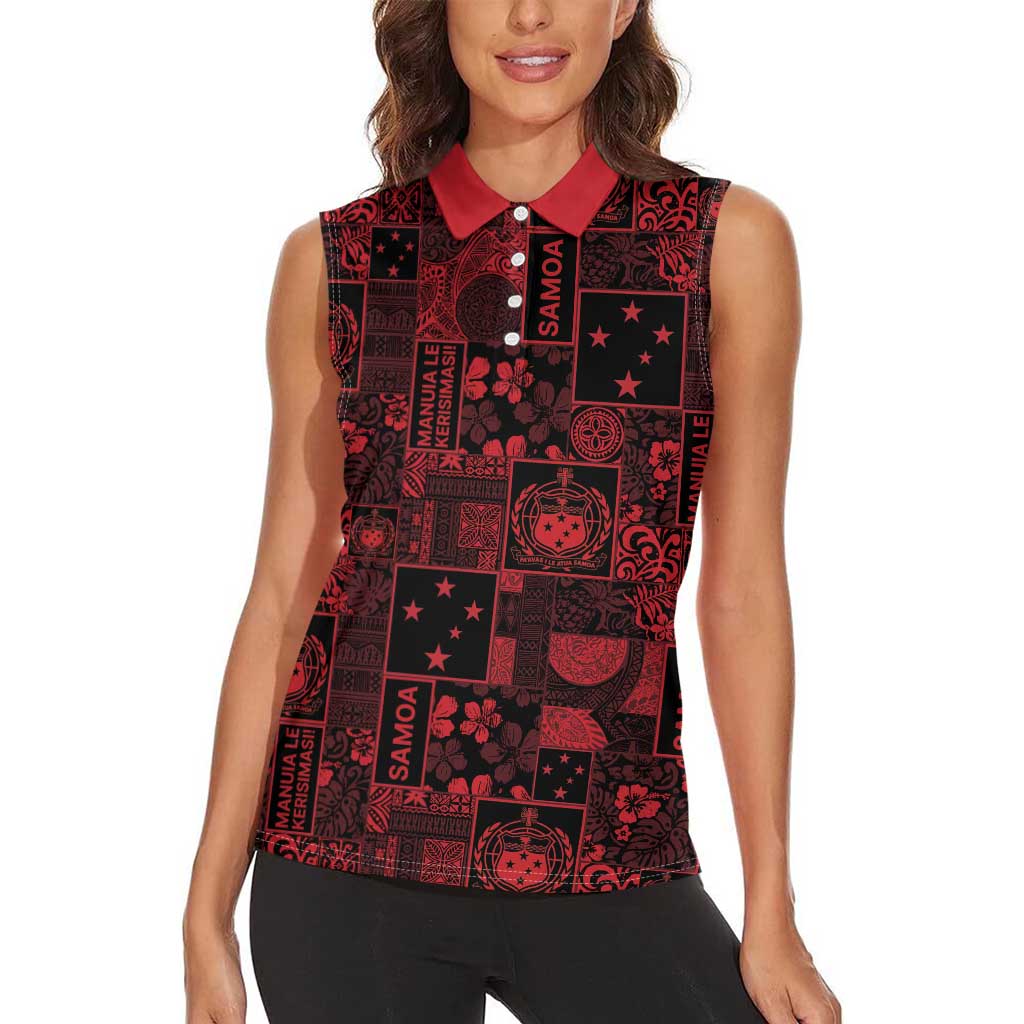 Dark Samoa Manuia Le Kerisimasi Women Sleeveless Polo Shirt Pacific Patchwork Xmas Vibes LT9 - Polynesian Pride