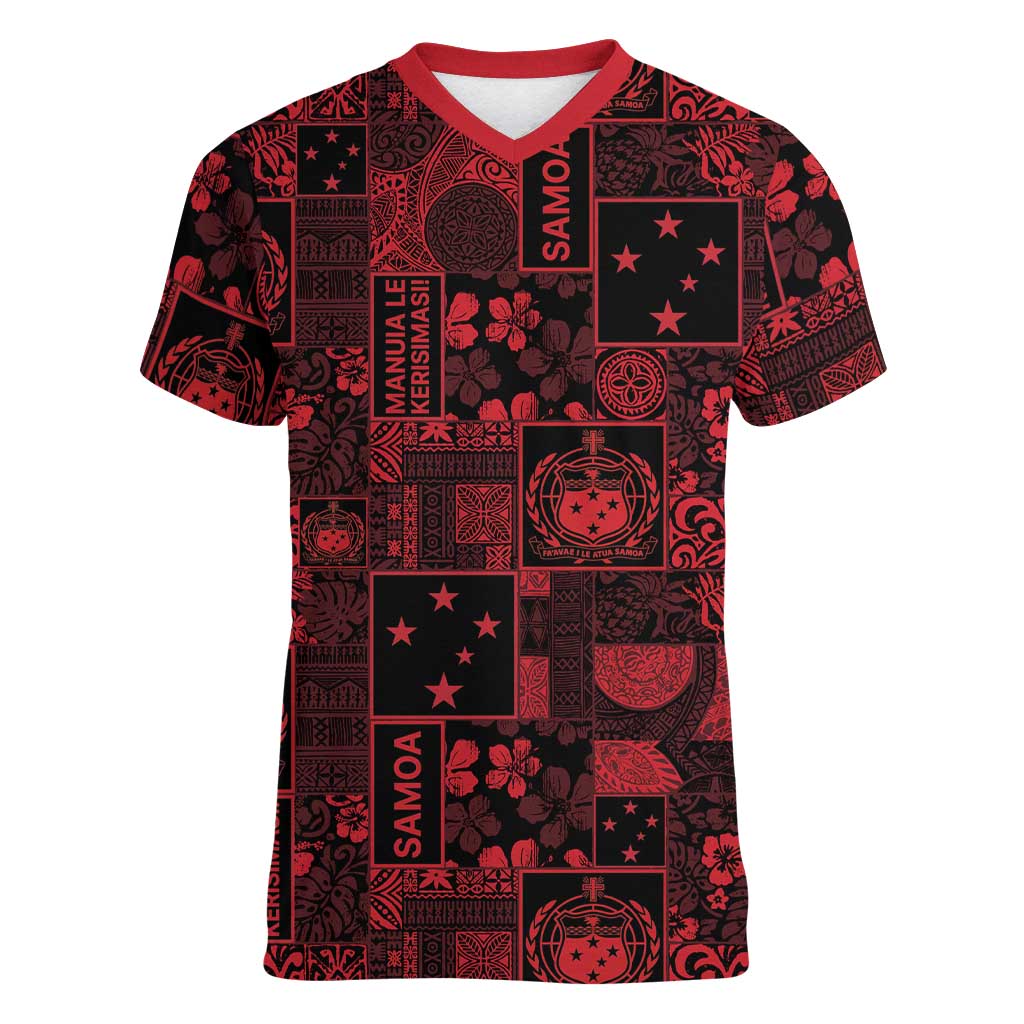 Dark Samoa Manuia Le Kerisimasi Women V-Neck T-Shirt Pacific Patchwork Xmas Vibes LT9 Female Red - Polynesian Pride