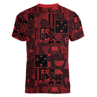 Dark Samoa Manuia Le Kerisimasi Women V-Neck T-Shirt Pacific Patchwork Xmas Vibes LT9 - Polynesian Pride