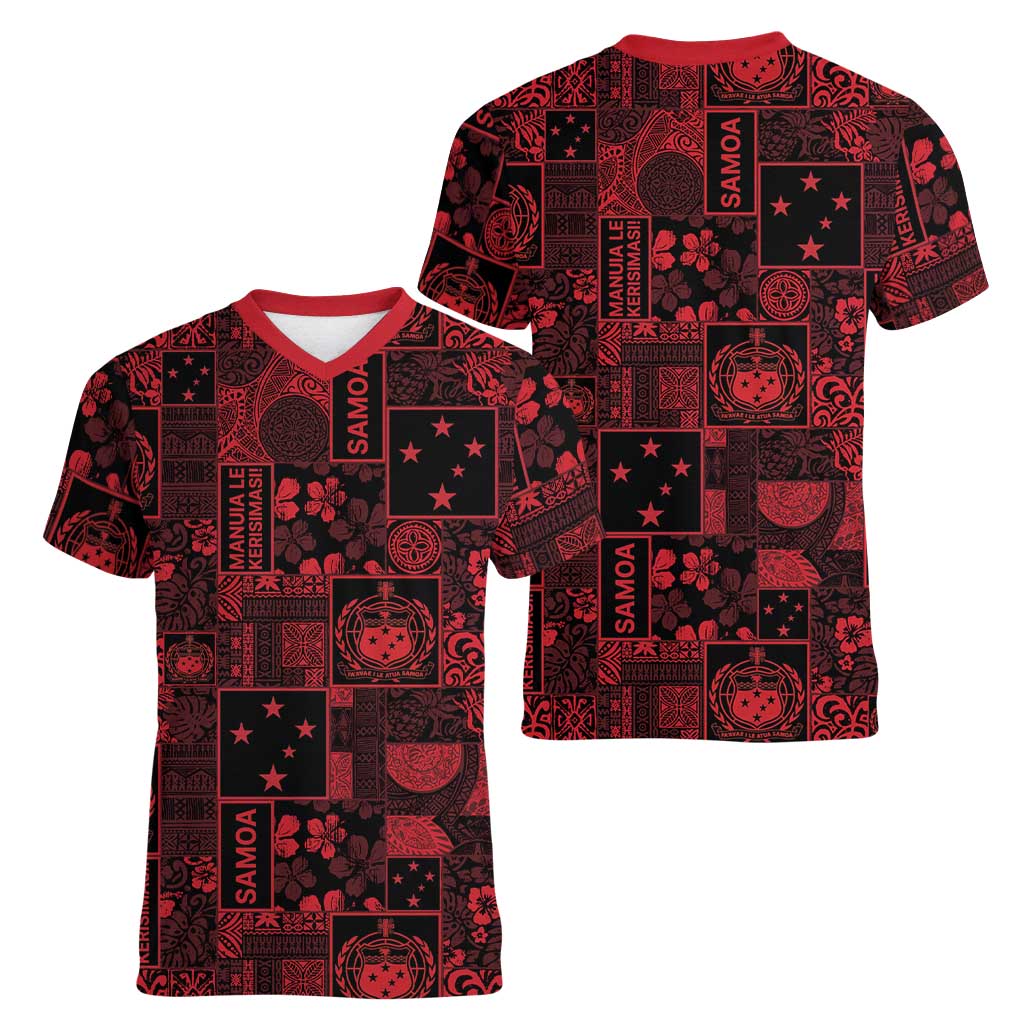 Dark Samoa Manuia Le Kerisimasi Women V-Neck T-Shirt Pacific Patchwork Xmas Vibes LT9 - Polynesian Pride