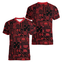 Dark Samoa Manuia Le Kerisimasi Women V-Neck T-Shirt Pacific Patchwork Xmas Vibes LT9 - Polynesian Pride