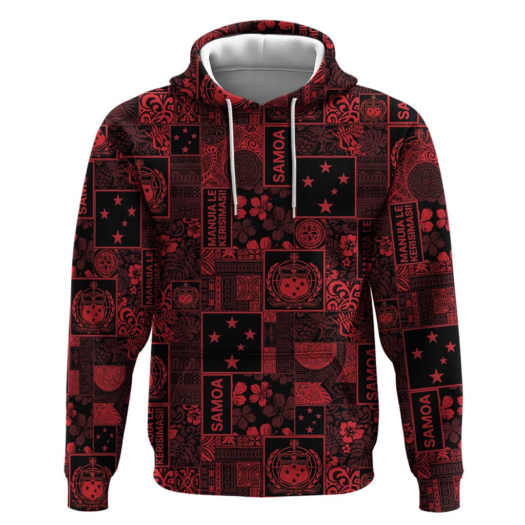 Dark Samoa Manuia Le Kerisimasi Zip Hoodie Pacific Patchwork Xmas Vibes LT9 Pullover Hoodie Red - Polynesian Pride