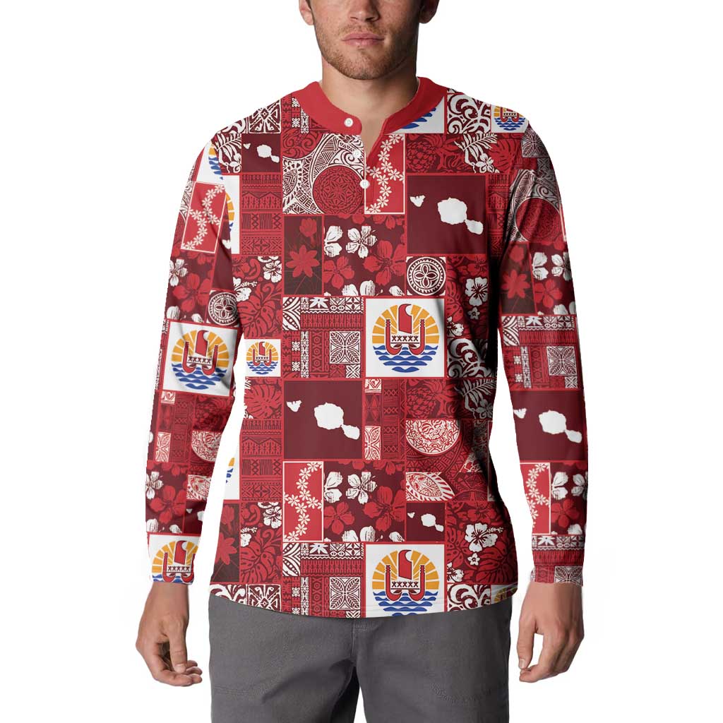 Tahiti Oaoa I Teie Noera Button Sweatshirt Pacific Patchwork Xmas Vibes - Polynesian Pride