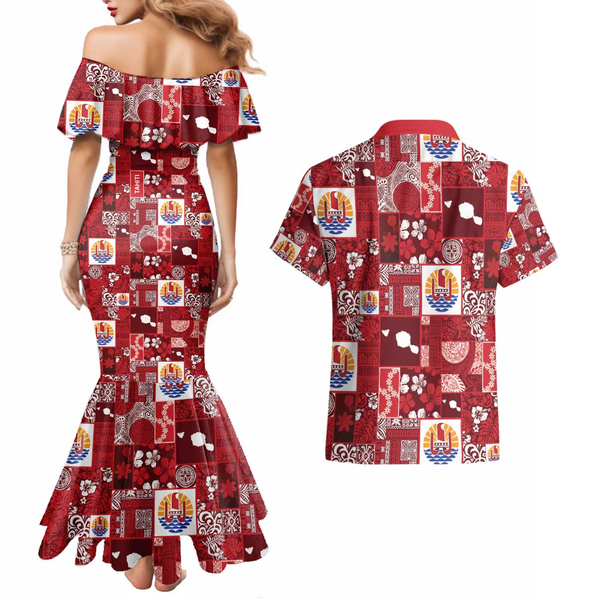 Tahiti Oaoa I Teie Noera Couples Matching Mermaid Dress and Hawaiian Shirt Pacific Patchwork Xmas Vibes - Polynesian Pride