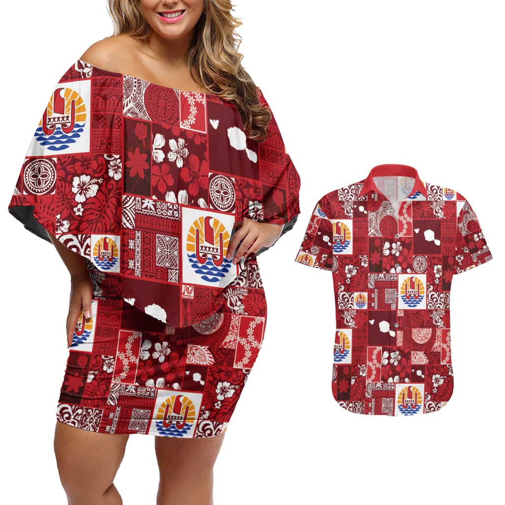 Tahiti Oaoa I Teie Noera Couples Matching Off Shoulder Short Dress and Hawaiian Shirt Pacific Patchwork Xmas Vibes - Polynesian Pride