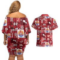 Tahiti Oaoa I Teie Noera Couples Matching Off Shoulder Short Dress and Hawaiian Shirt Pacific Patchwork Xmas Vibes - Polynesian Pride