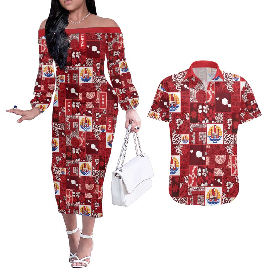 Tahiti Oaoa I Teie Noera Couples Matching Off The Shoulder Long Sleeve Dress and Hawaiian Shirt Pacific Patchwork Xmas Vibes - Polynesian Pride