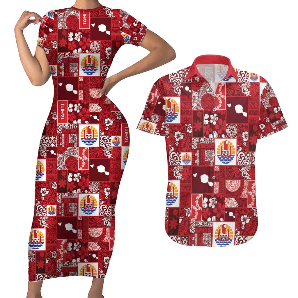 Tahiti Oaoa I Teie Noera Couples Matching Short Sleeve Bodycon Dress and Hawaiian Shirt Pacific Patchwork Xmas Vibes - Polynesian Pride