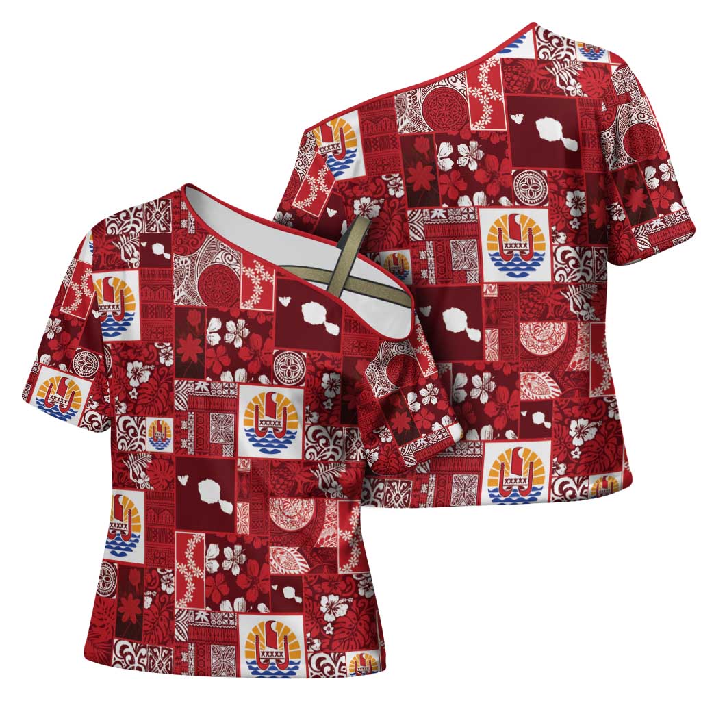 Tahiti Oaoa I Teie Noera Cross Shoulder Shirt Pacific Patchwork Xmas Vibes - Polynesian Pride