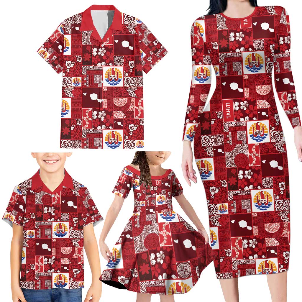 Tahiti Oaoa I Teie Noera Family Matching Long Sleeve Bodycon Dress and Hawaiian Shirt Pacific Patchwork Xmas Vibes - Polynesian Pride