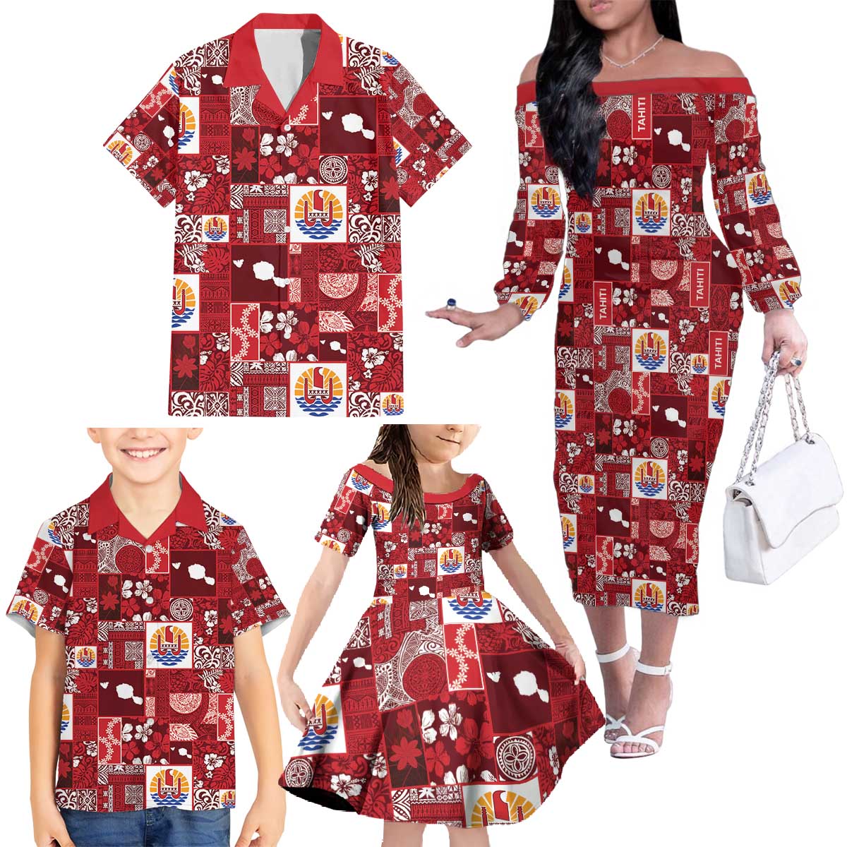 Tahiti Oaoa I Teie Noera Family Matching Off The Shoulder Long Sleeve Dress and Hawaiian Shirt Pacific Patchwork Xmas Vibes - Polynesian Pride