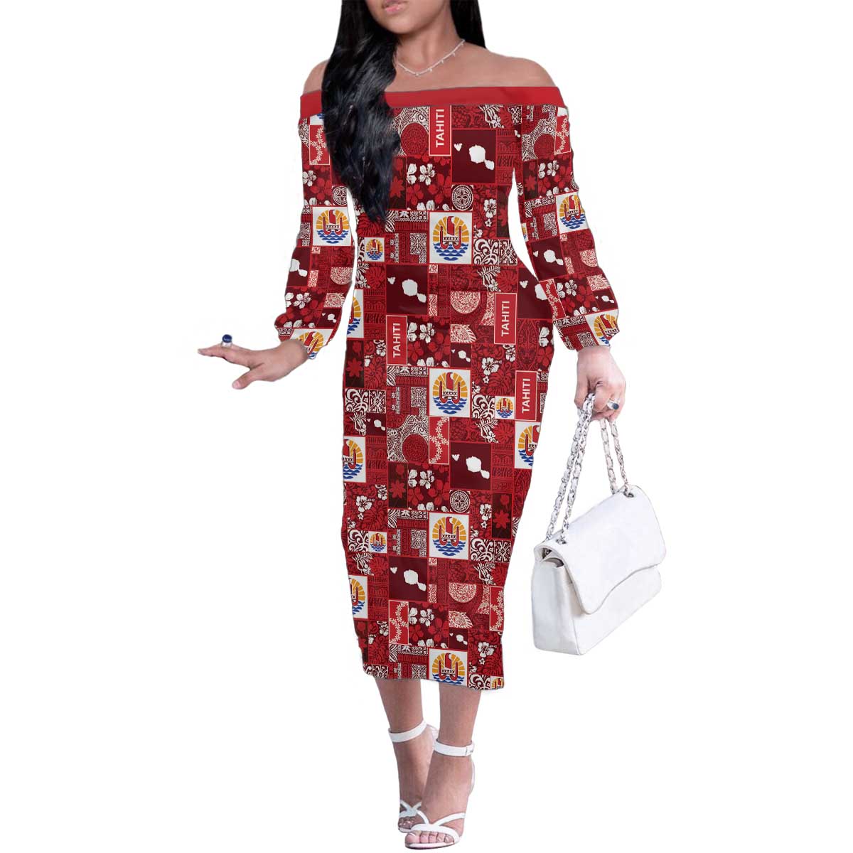 Tahiti Oaoa I Teie Noera Family Matching Off The Shoulder Long Sleeve Dress and Hawaiian Shirt Pacific Patchwork Xmas Vibes - Polynesian Pride